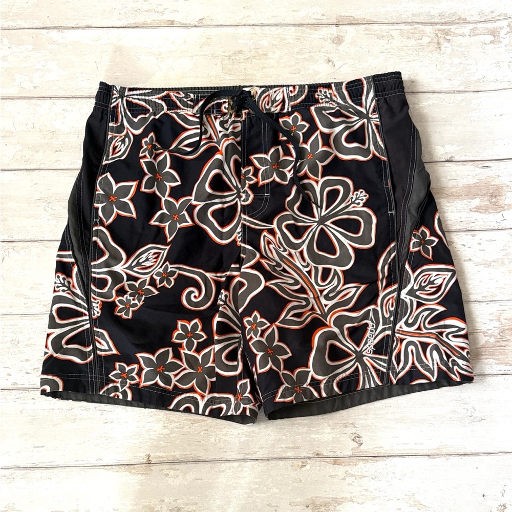 Speedo Men’s Medium Hawaiian Flower Print Swimsuit Swim Trunks Navy Blue Orange